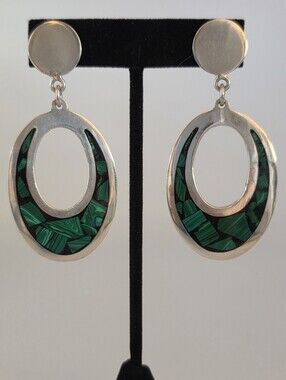 Taxco Vintage Sterling Silver and Inlay Mosaic Malachite Drop Dangle Earrings